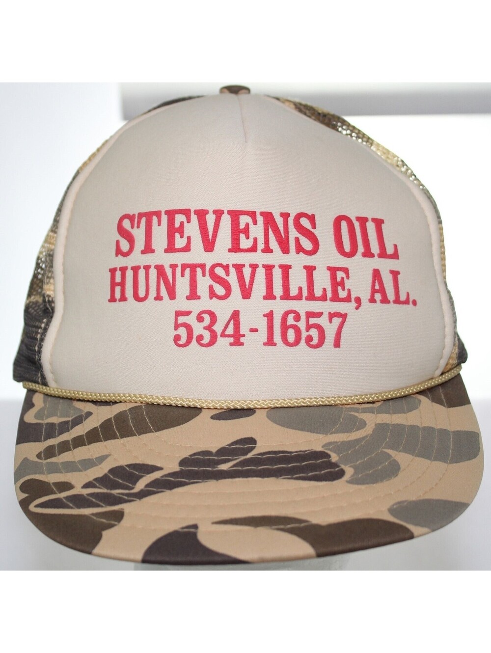 Vintage Stevens Oil Huntsville, Alabama Trucker Hat Nissin Snapback Cap Tan Camo